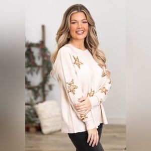 Fantastic Fawn Beige and Gold Sequin Stars Oversized Sweater
